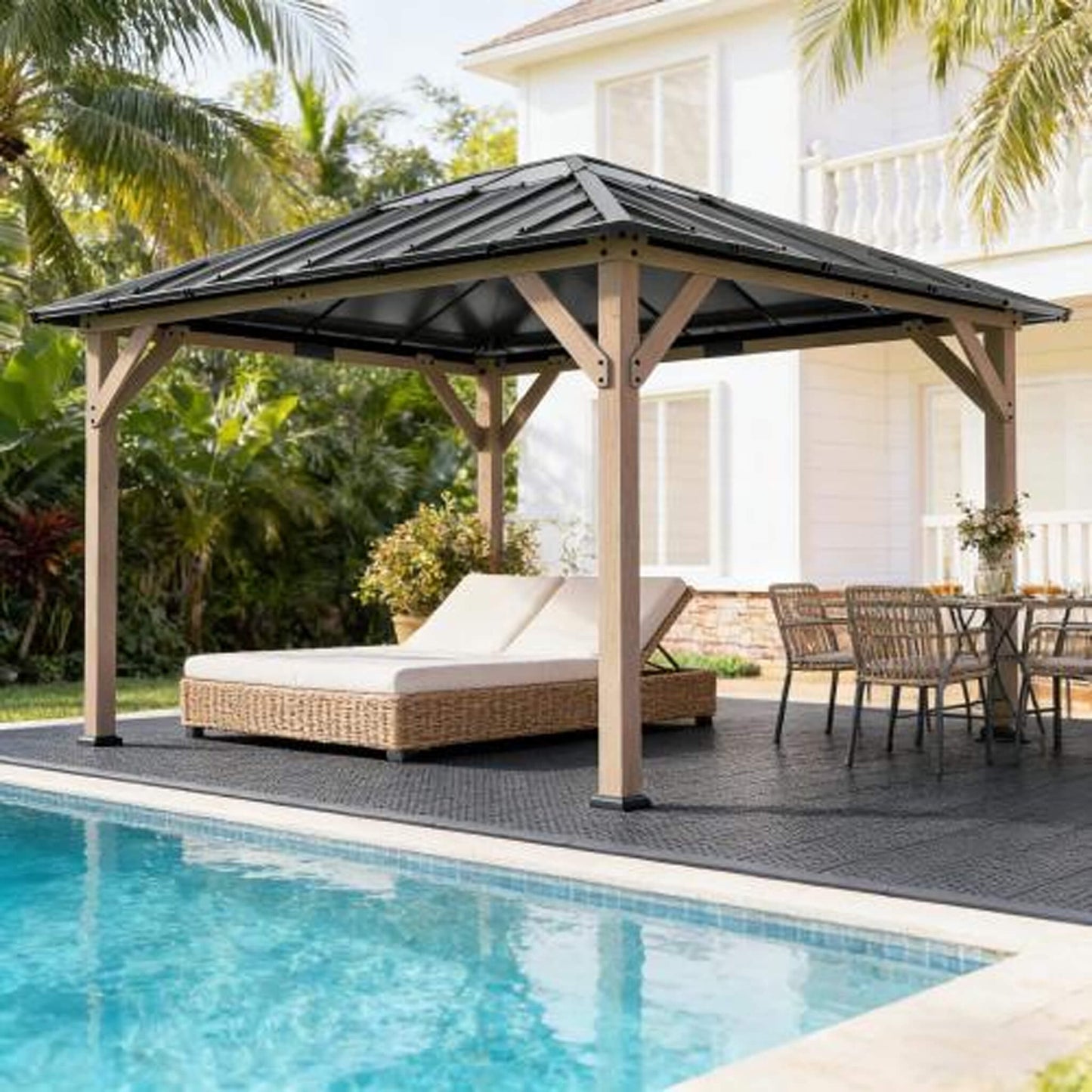 8’ x 10’ Alora Heavy-Duty Fir Wood Hardtop Gazebo With Galvanized Steel Roof And Ceiling Hooks (SAK29467)