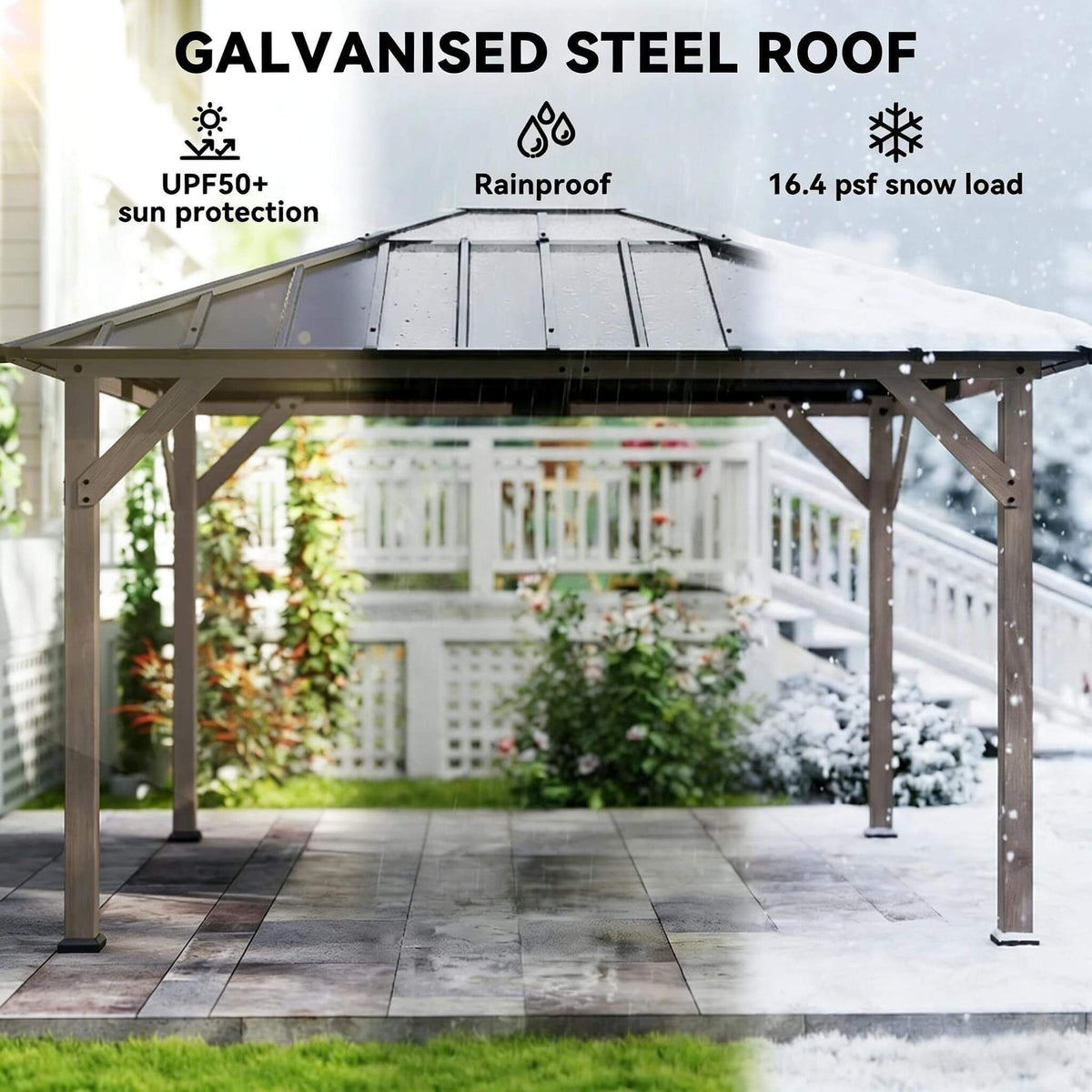 8’ x 10’ Alora Heavy-Duty Fir Wood Hardtop Gazebo With Galvanized Steel Roof And Ceiling Hooks (SAK29467)