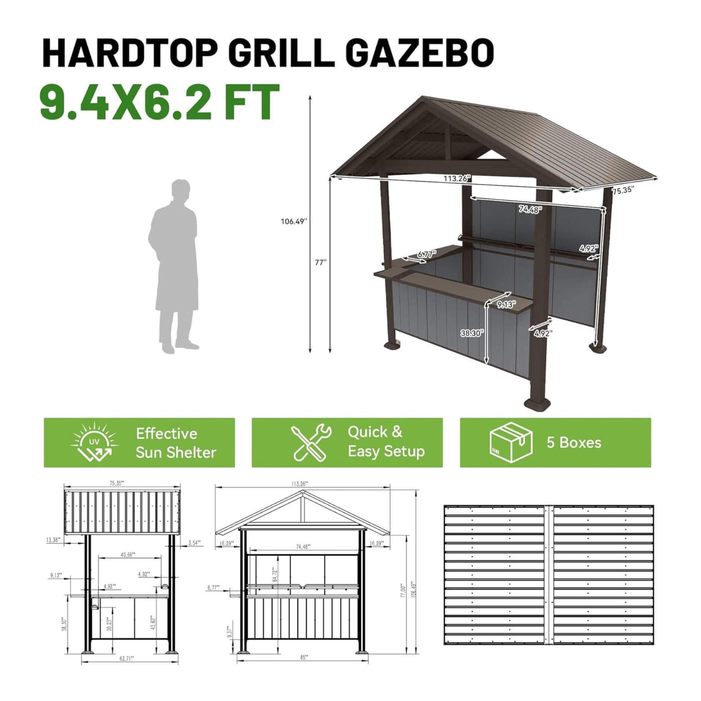6’ x 9’ Alora Heavy-Duty Gable Roof Hardtop Grill Gazebo (SAK49731)
