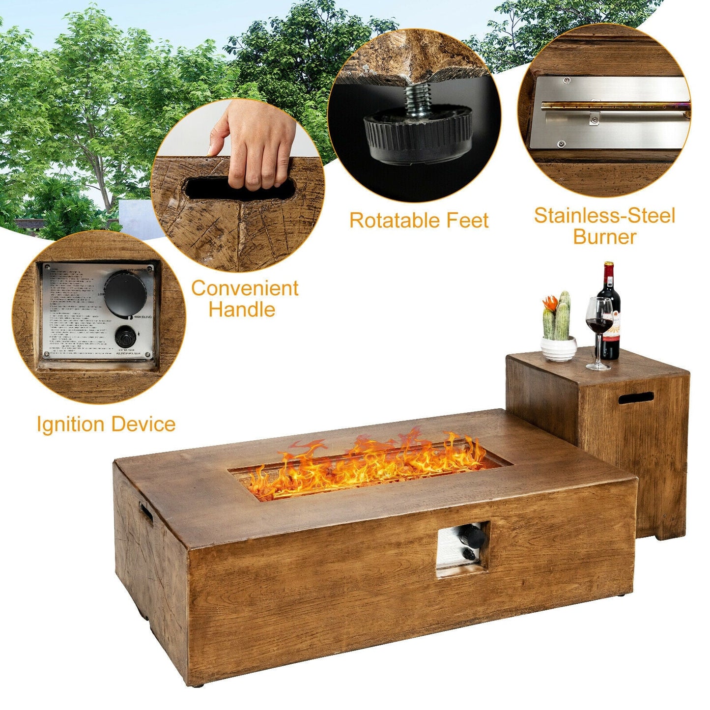 2-Piece Outdoor Propane Fire Pit Table Set with Tank Holder