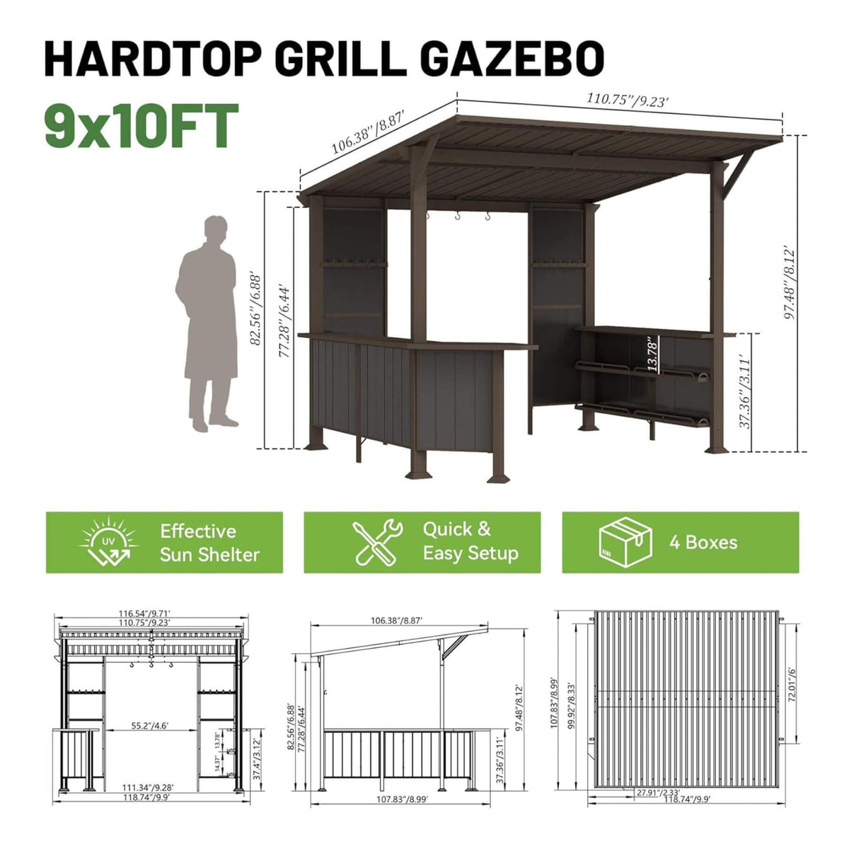 9’ x 10’ Alora Modern Slanted Hardtop Alloy Steel Grill Gazebo (SAK32687)