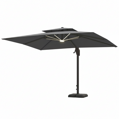 10 X 13 FT Cantilever Patio Umbrella with LED Lights Outdoor Heavy Duty Double Top Windproof Rectangle Offset Umbrellas with 360-Degree Rotation for Pool Deck Backyard, Grey
