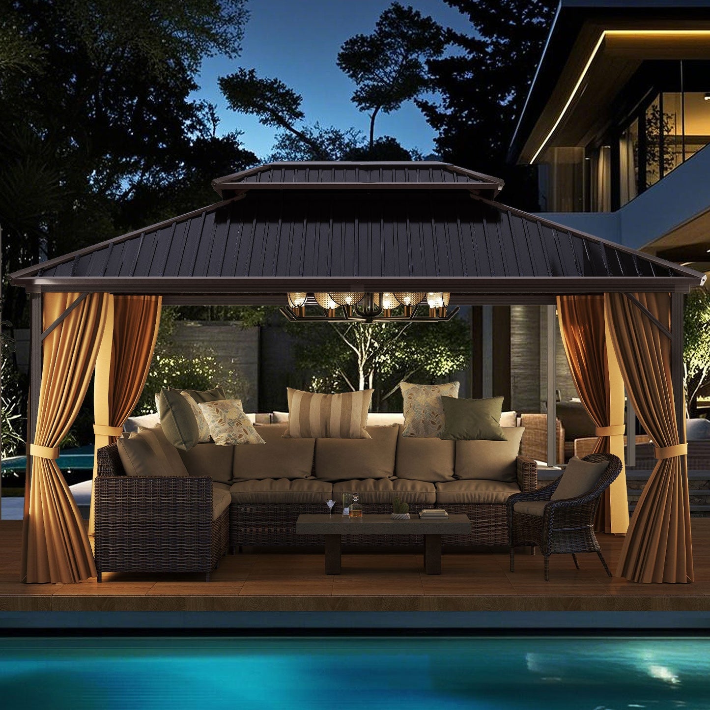 16' x 12' Hardtop Gazebo Aluminum Frame Permanent Pavilion with Curtains and Netting-Coffee