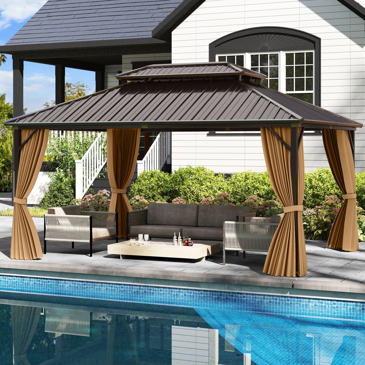 16' x 12' Hardtop Gazebo Aluminum Frame Permanent Pavilion with Curtains and Netting-Coffee