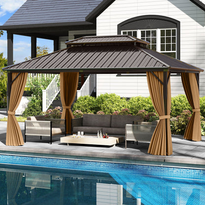 16' x 12' Hardtop Gazebo Aluminum Frame Permanent Pavilion with Curtains and Netting-Coffee