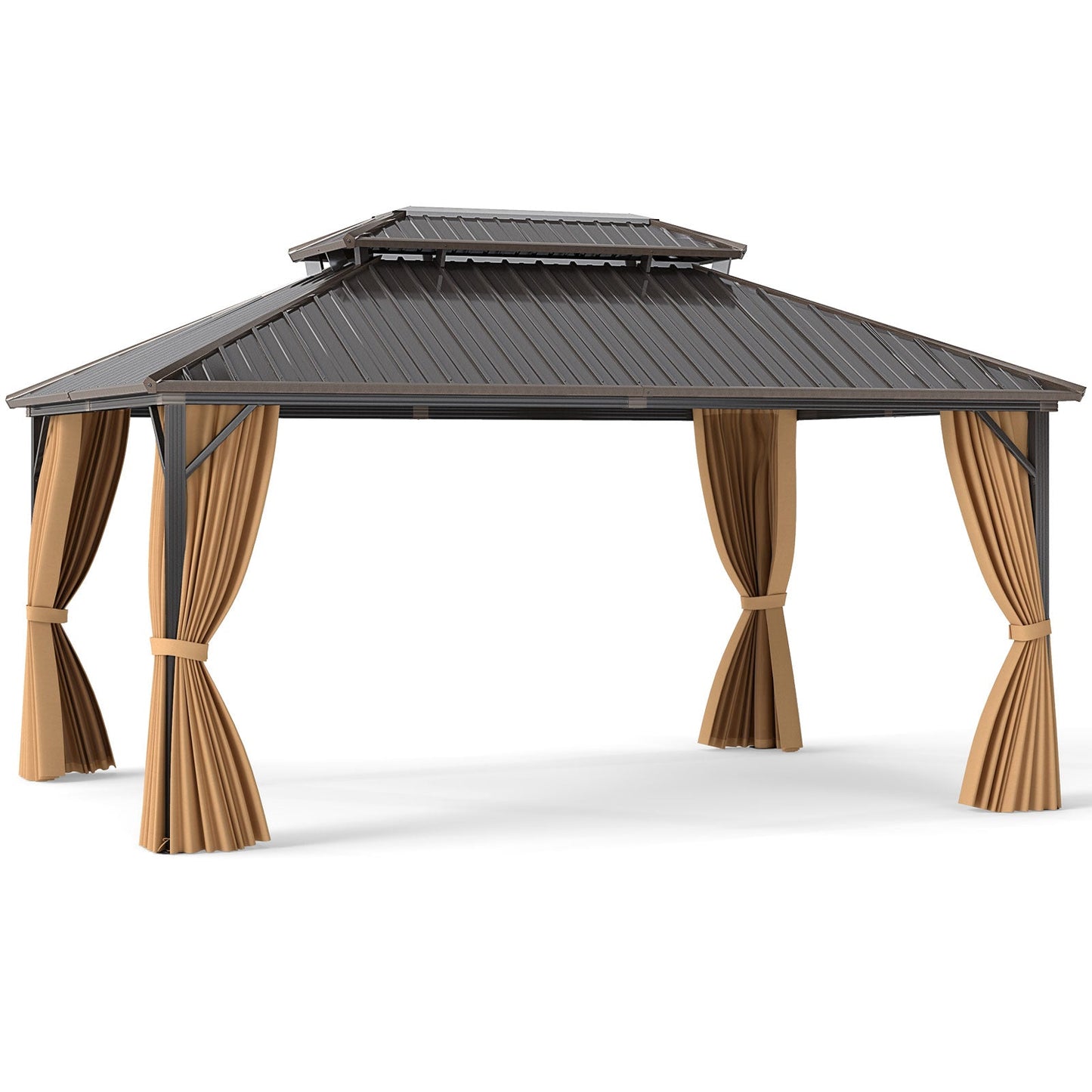 16' x 12' Hardtop Gazebo Aluminum Frame Permanent Pavilion with Curtains and Netting-Coffee