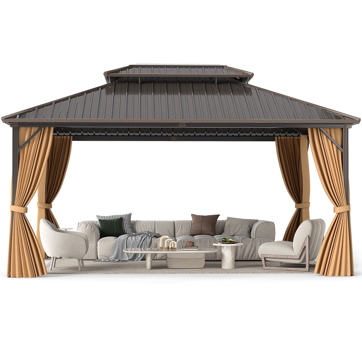 16' x 12' Hardtop Gazebo Aluminum Frame Permanent Pavilion with Curtains and Netting-Coffee