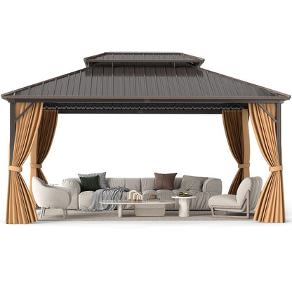16' x 12' Hardtop Gazebo Aluminum Frame Permanent Pavilion with Curtains and Netting-Coffee