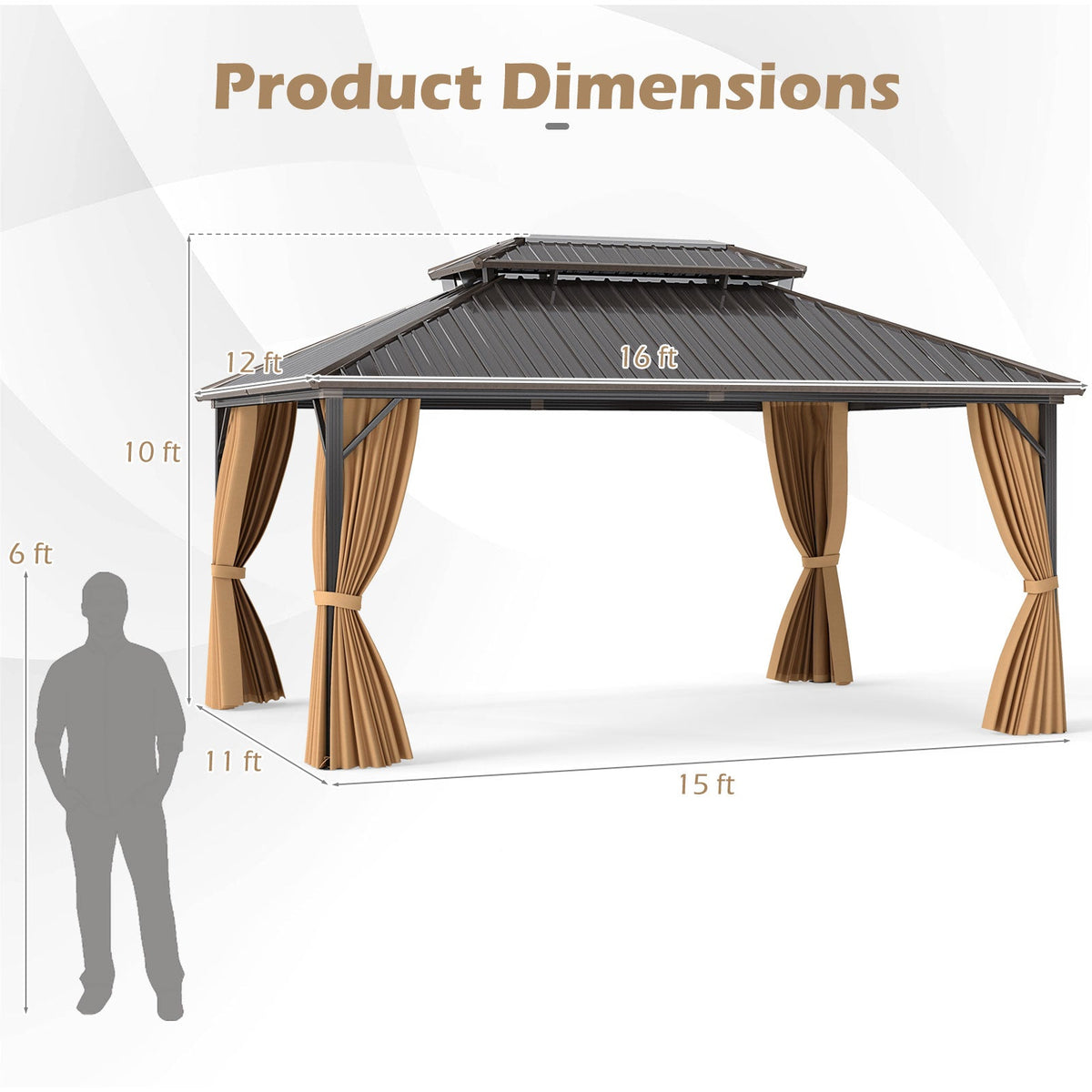 16' x 12' Hardtop Gazebo Aluminum Frame Permanent Pavilion with Curtains and Netting-Coffee