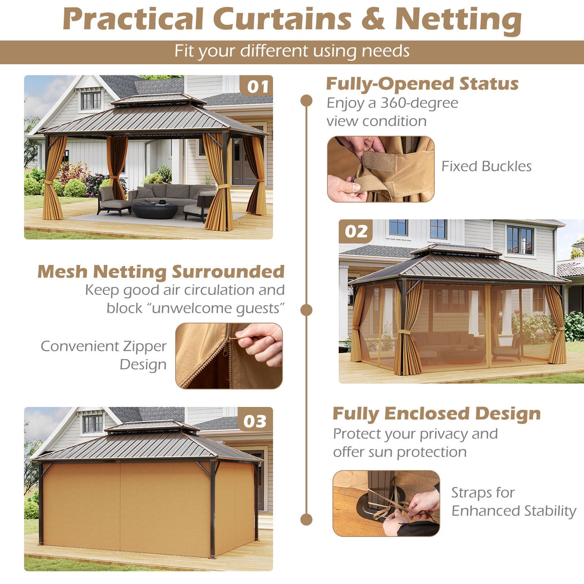 16' x 12' Hardtop Gazebo Aluminum Frame Permanent Pavilion with Curtains and Netting-Coffee