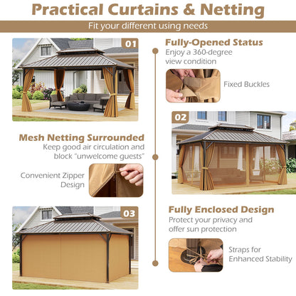 16' x 12' Hardtop Gazebo Aluminum Frame Permanent Pavilion with Curtains and Netting-Coffee