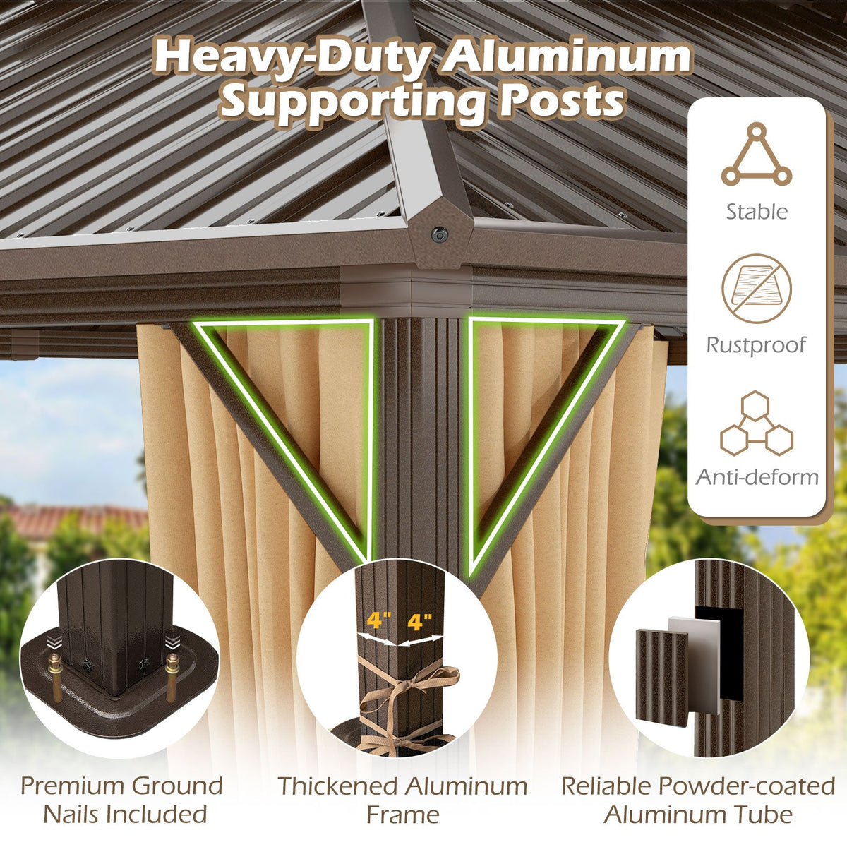 16' x 12' Hardtop Gazebo Aluminum Frame Permanent Pavilion with Curtains and Netting-Coffee