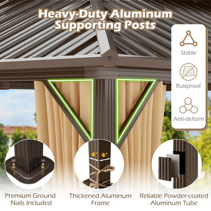 16' x 12' Hardtop Gazebo Aluminum Frame Permanent Pavilion with Curtains and Netting-Coffee